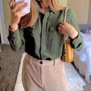 Madewell Green 100% Silk Button Down Front Blouse